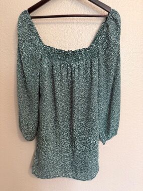 Abercrombie & Fitch Teal Green Ditsy Floral Smocked-Neck Blouse